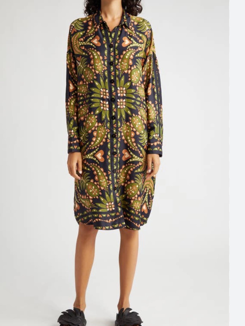 FARM Rio Black Shirt Dress with Green and Orange Paisley Print